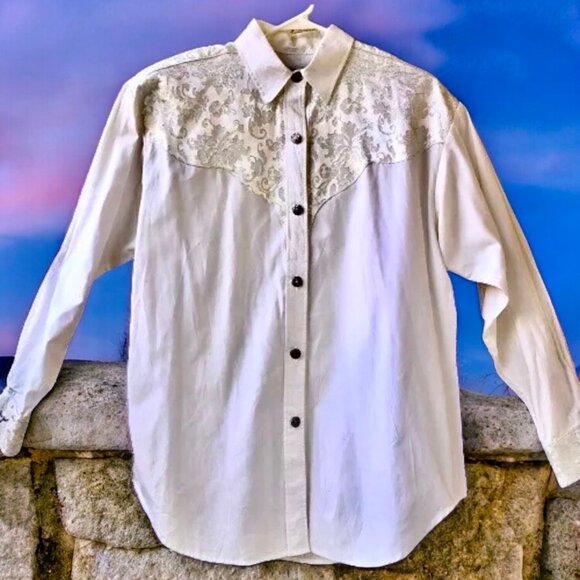 Longhorn Western Shirt Womens Medium White Button Up Long Sleeve Pretty - Picture 6 of 15